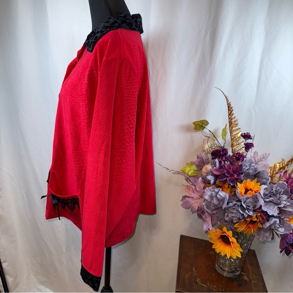 Nicole Marie Red Cardigan Black Lace Trim Button Front Vintage Chic - Picture 4 of 9
